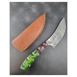 Fixed blade Damascus knife with leather sheath