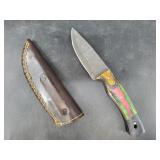 Fixed bladed Damascus knife 10" long, leather shea