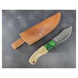 Fixed bladed Damascus knife 8" long, leather sheat