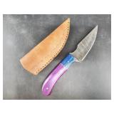 Fixed bladed Damascus knife 8.5" long, leather she
