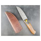 Fixed bladed Damascus knife 8.5" long, leather she