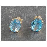 14kt Gold, diamond earrings with beautiful blue st