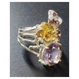 Sterling silver, amethyst and garnet ring size 6