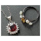 Sterling silver ring and necklace, ring is citrine