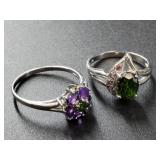 Pair of sterling silver rings: peridot size 7, ame
