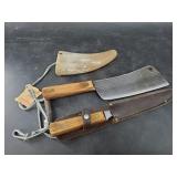 Powder horn and 2 vintage knives, (Skinning knife