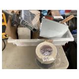 Plastic tote with Ductape, Masking tape, hammers,