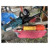 Plastic tote with Electric Makita Chainsaw, misc.
