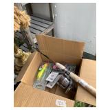 Box with Brand new hooks and a fishing pole