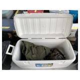 Igloo Cooler with assorted bags and a knife.