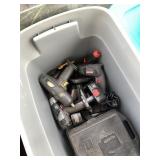 Plastic tote with Misc. tools, including circular