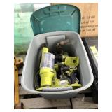 Plastic tote with power tools, ryobi, vacumn, stap