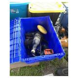 Plastic Tote With and Angle Grinder, battery charg