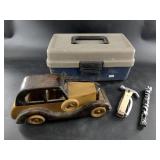 Lot with a tackle box with tackle, flashlight, woo