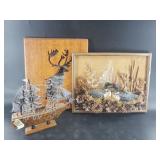 Several pieces of art: small 3 masted ship, etc.