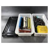 Two totes of vintage toy train tracks and cars, 1