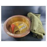 2 Brass sinks and a wool military blanket, sink is