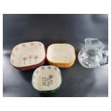 Set of 3 matching nesting salad bowls and a glassw