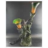 Bronze look table lamp with 2 glass tulip shades,