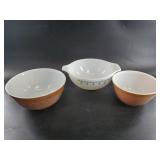 3 Vintage Pyrex bowls, 2 are from a set