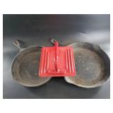 2 Cast iron pans and a burger press