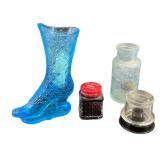4pc Glass Boot Vase & Vintage Ink Bottles