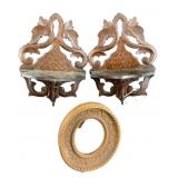 Carved Wood Wall Shelves & Oval Frame (Lot of 3)