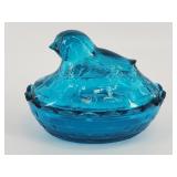 Fenton Blue Pressed Glass Bird Covered Dish