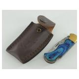 Damascus Folding Knife w/ Blue Handle & Sheath
