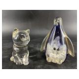 Art Glass Cat & Penguin Figures (Lot of 2)