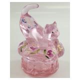 Pink Fenton Glass Cat Figural Covered Dish