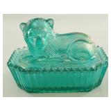 Fenton Turquoise Glass Lion Covered Box
