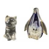Art Glass Cat & Penguin Figures (Lot of 2)