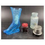 4pc Glass Boot Vase & Vintage Ink Bottles