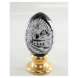 Black Fenton Winter Scene Egg on Gold-Tone Stand
