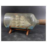 Sailing Ship in Bottle with Wooden Stand