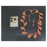 Natural stone necklace and earrings and brooch set