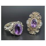 Pair of sterling silver and amethyst rings size 8