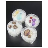 4 Cannisters of semi precious cut and polished sto