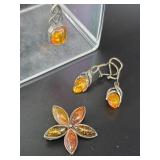 Silver and amber jewelry set: necklace, earrings a