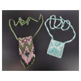 2 Hand beaded pouches on necklaces
