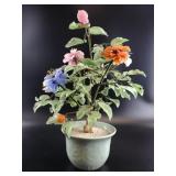 Carved Jade & Stone Floral Bonsai in Ceramic Plant