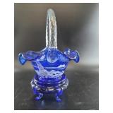 Fenton Cobalt Blue Hand-Painted Glass Basket