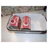 Log Cabin Syrup tins, enamel pan