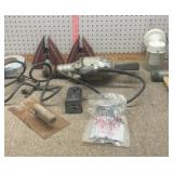 Drill, light, sawhorse brackets, & misc