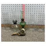 2 Small Oil Lamps, 3 Spare Chimineys, & Parts