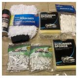 Golf tees, basket ball net, scrapper mit