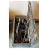 Wooden crate of vintage tools & ice skates