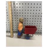 VTG Wooden Bear Pushing Red Cart Figurine