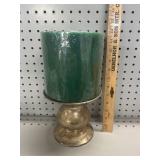 Green Pillar Candle & Brass Pedestal Holder
